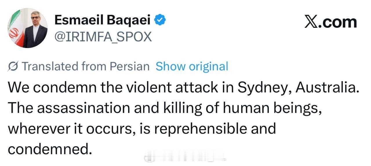 伊朗外交部发言人谴责悉尼枪击事件。 