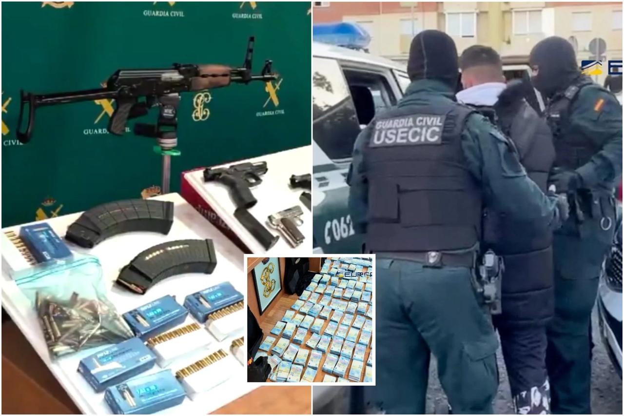 西班牙安达卢西亚警察对一个“强大”贩毒集团的突袭中缴获的武器和大量现金