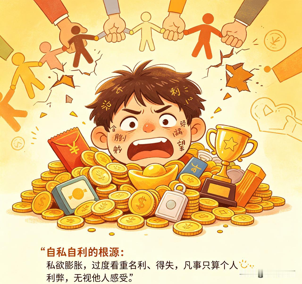 自私自利的根源，首先是本能利己天性，人天生优先顾及自身生存与利益，是原始生存本能