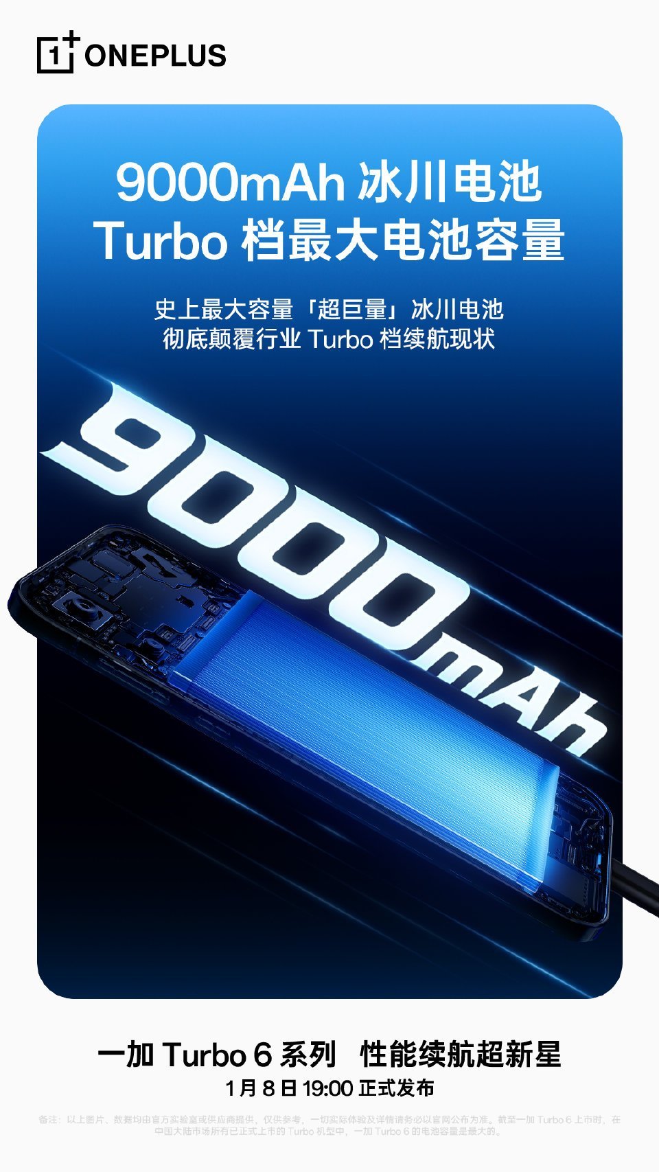 一加Turbo6系列全系搭载 9000mAh 超巨量冰川电池！🔋是一加史上最大