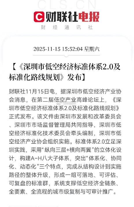 这一板块迎来利好！11月15日发布的深圳低空经济政策动态：《深圳市低空经济标准体