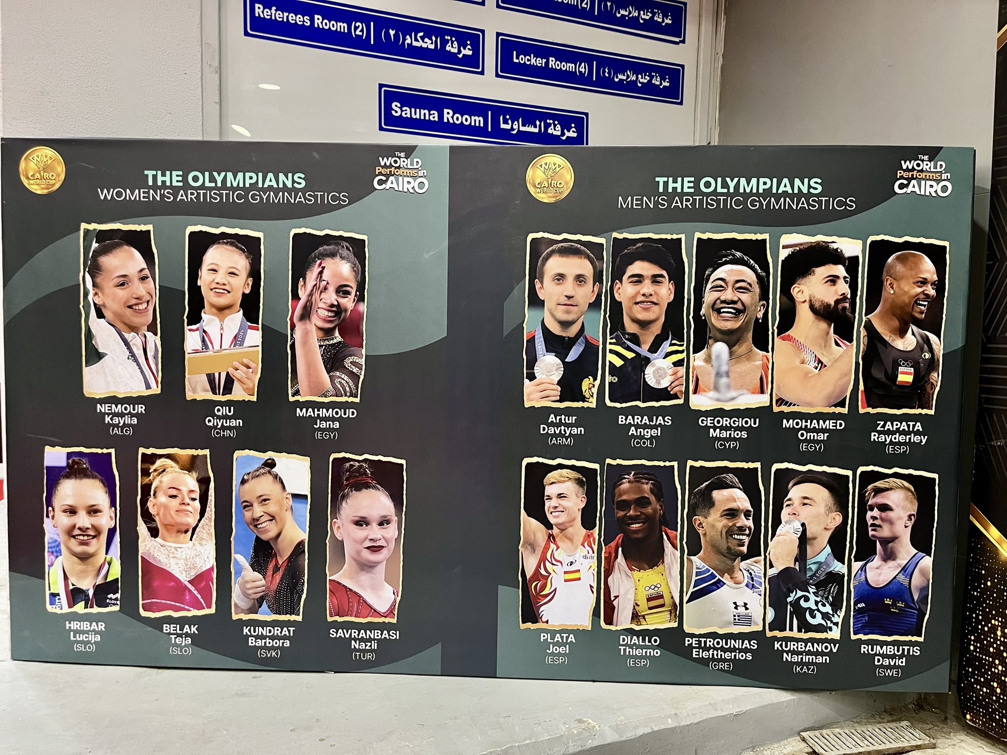 哇哦，世界杯开罗站给参赛的奥运选手们做了个大海报支在场馆的运动员入口，有拿到奖牌