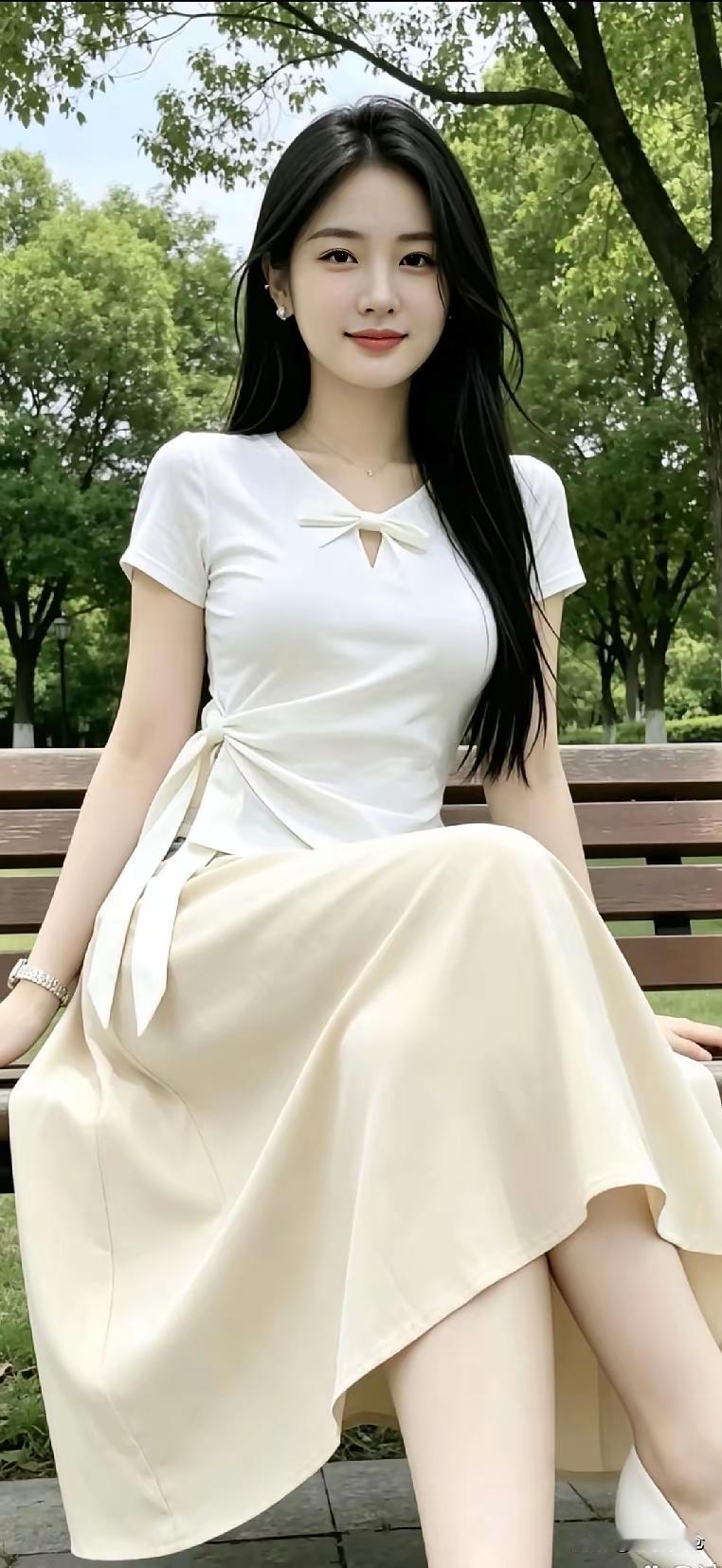 夏日清新穿搭，白色短袖搭配米色长裙，公园里的优雅时光。