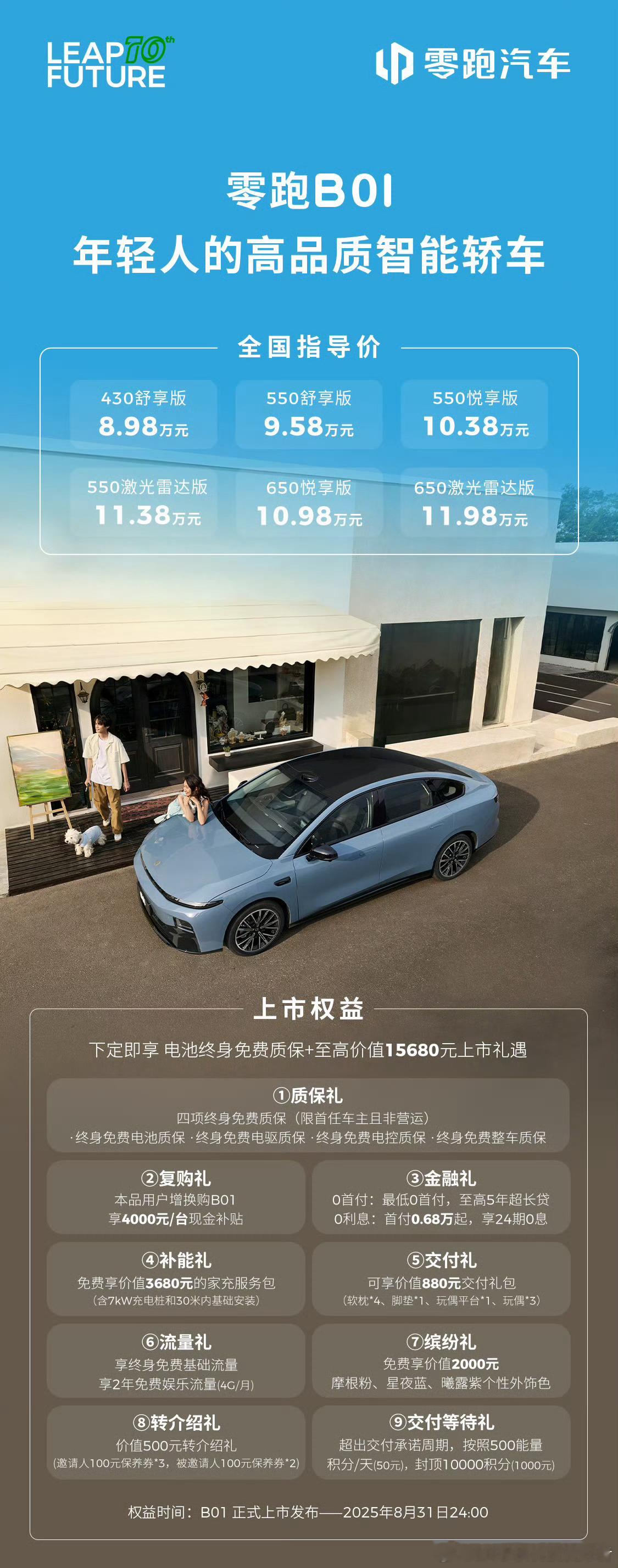 零跑B01，价格8.98万至11.98万。激光雷达下放到12万以内了，现在的汽车