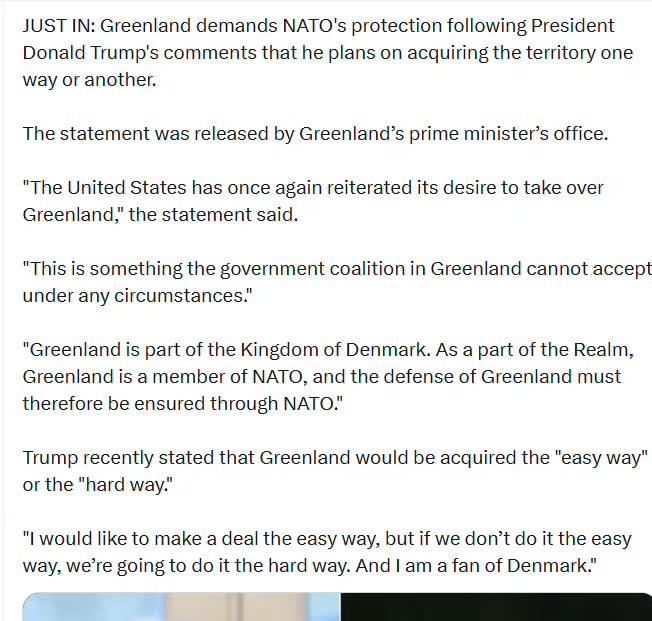 在特朗普发表“无论如何都要获得该领土”的言论后，格陵兰要求北约提供保护。

该声
