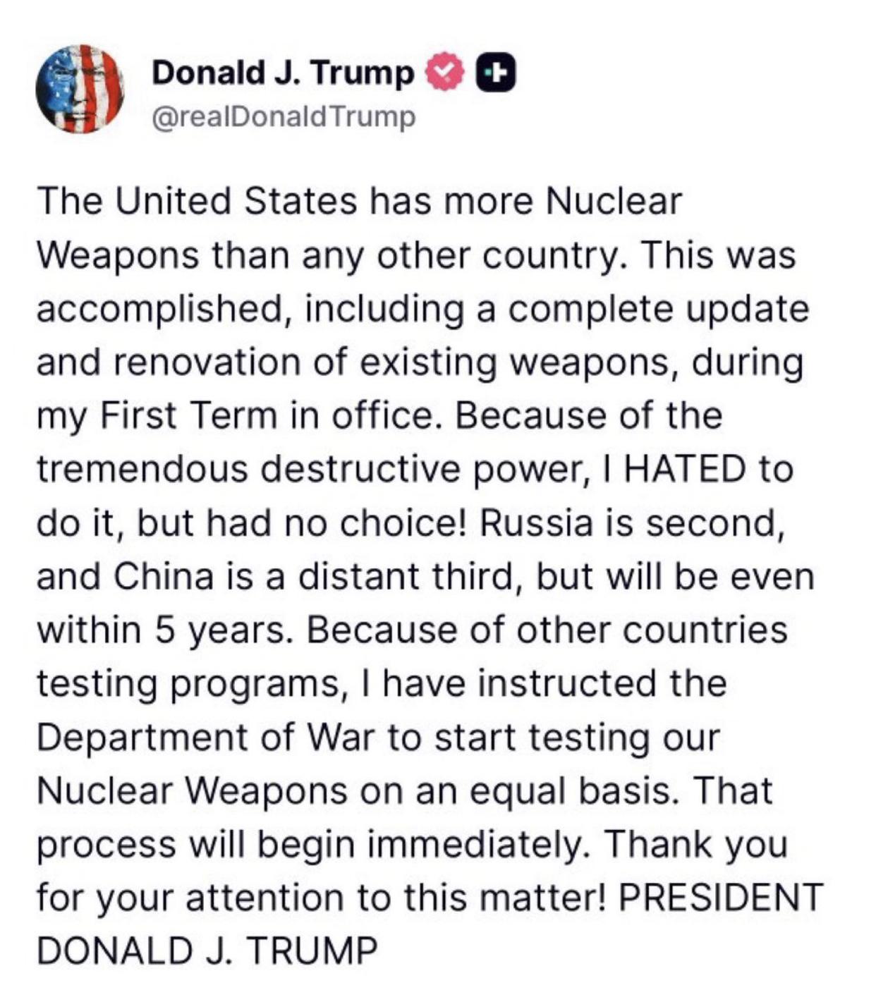 特朗普发文表示：“美国将重启核试验”！