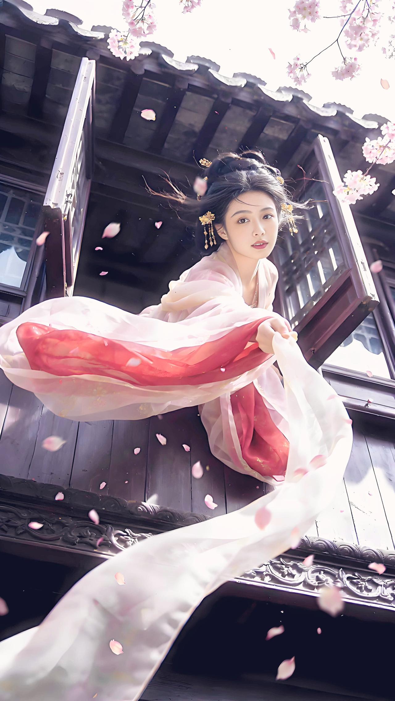 粉衣倚栏，花动惊鸿。