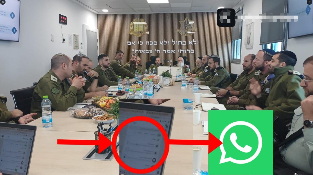 画面中以色列国防军（IDF）的军官们正身处会议室，利用笔记本电脑使用 Whats