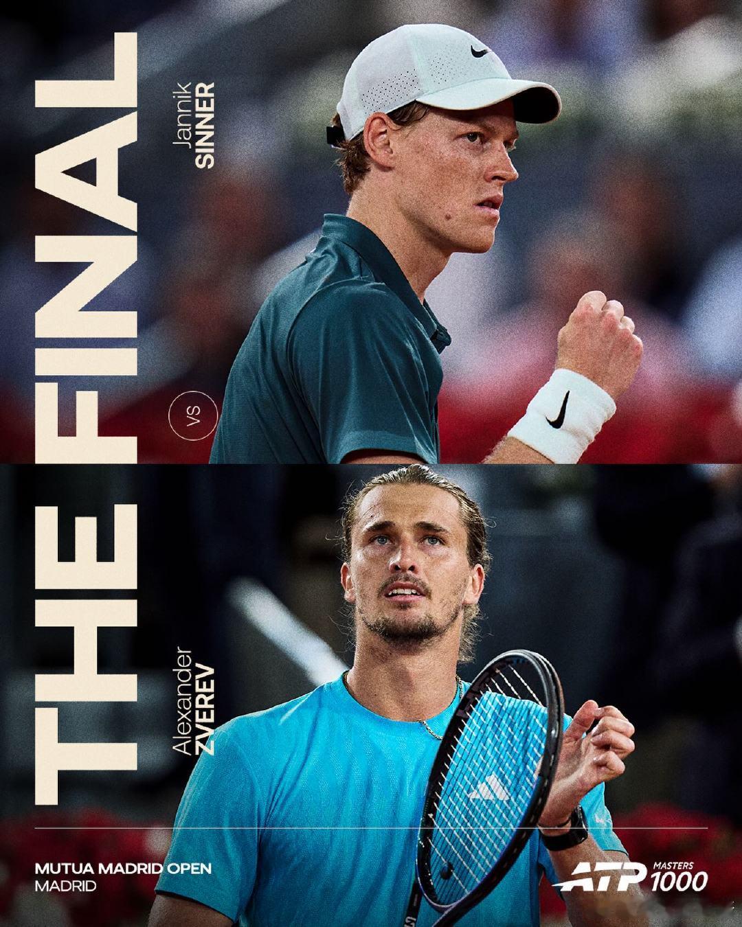 辛纳兹维列夫争冠 ATP1000马德里大师赛决赛对阵：1号种子辛纳 VS 2号种