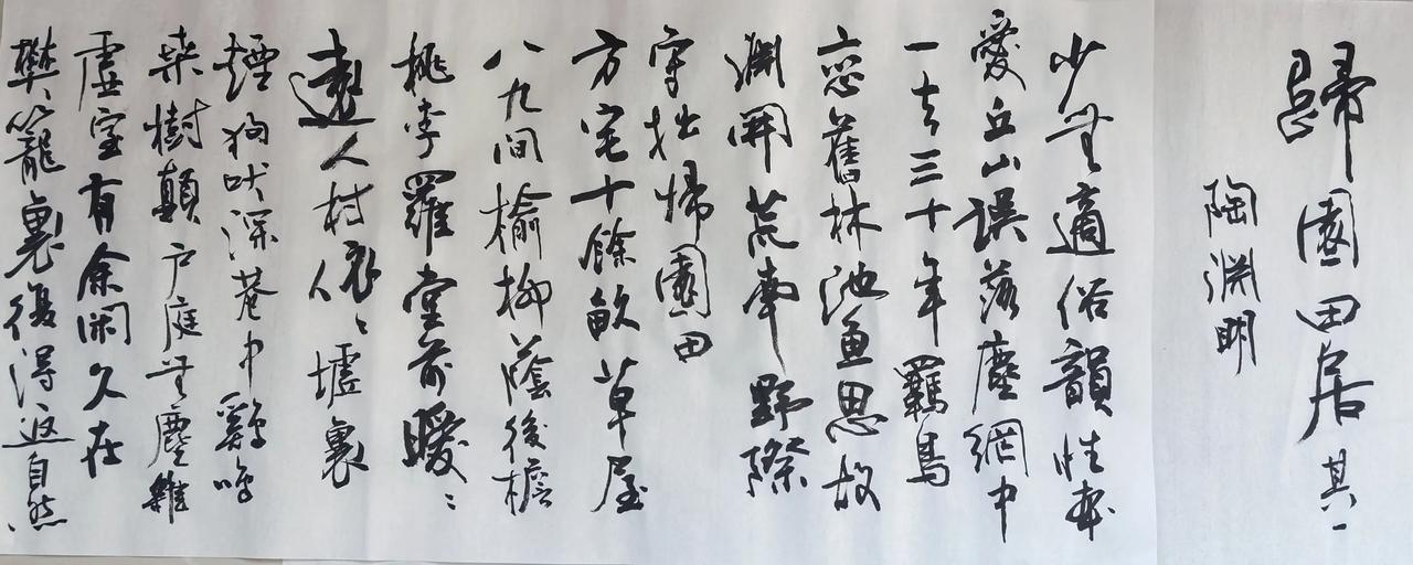 行书长卷，行气连贯自然，笔墨有枯润变化，通篇一气呵成，质朴洒脱，贴合陶渊明田园诗