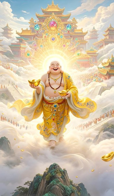 大肚弥勒，笑纳八方福气；祥云庇佑，汇聚四海财缘。 