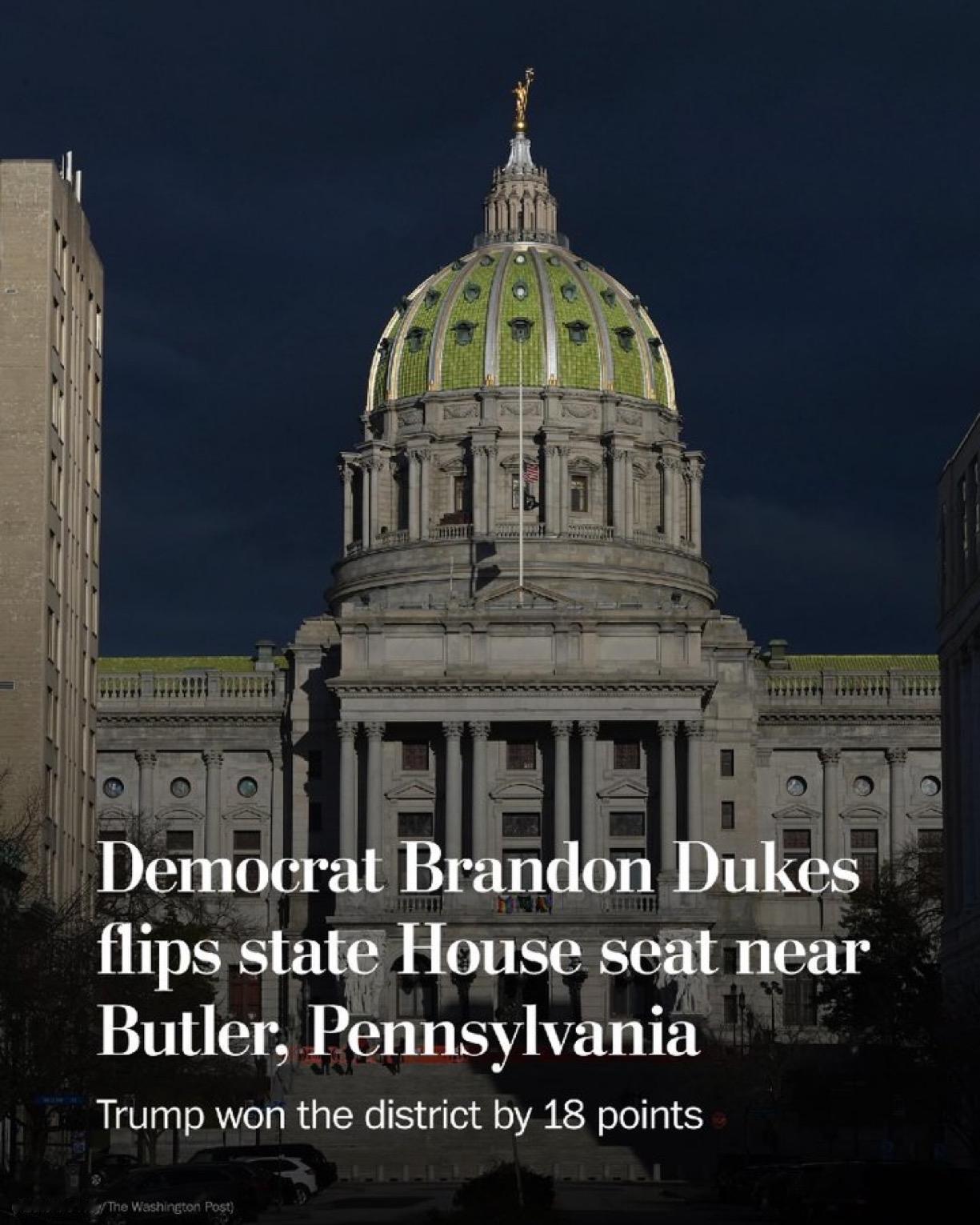 美联社报道，美国民主党人布兰登·杜克斯Brandon Dukes被宣布赢得宾夕法