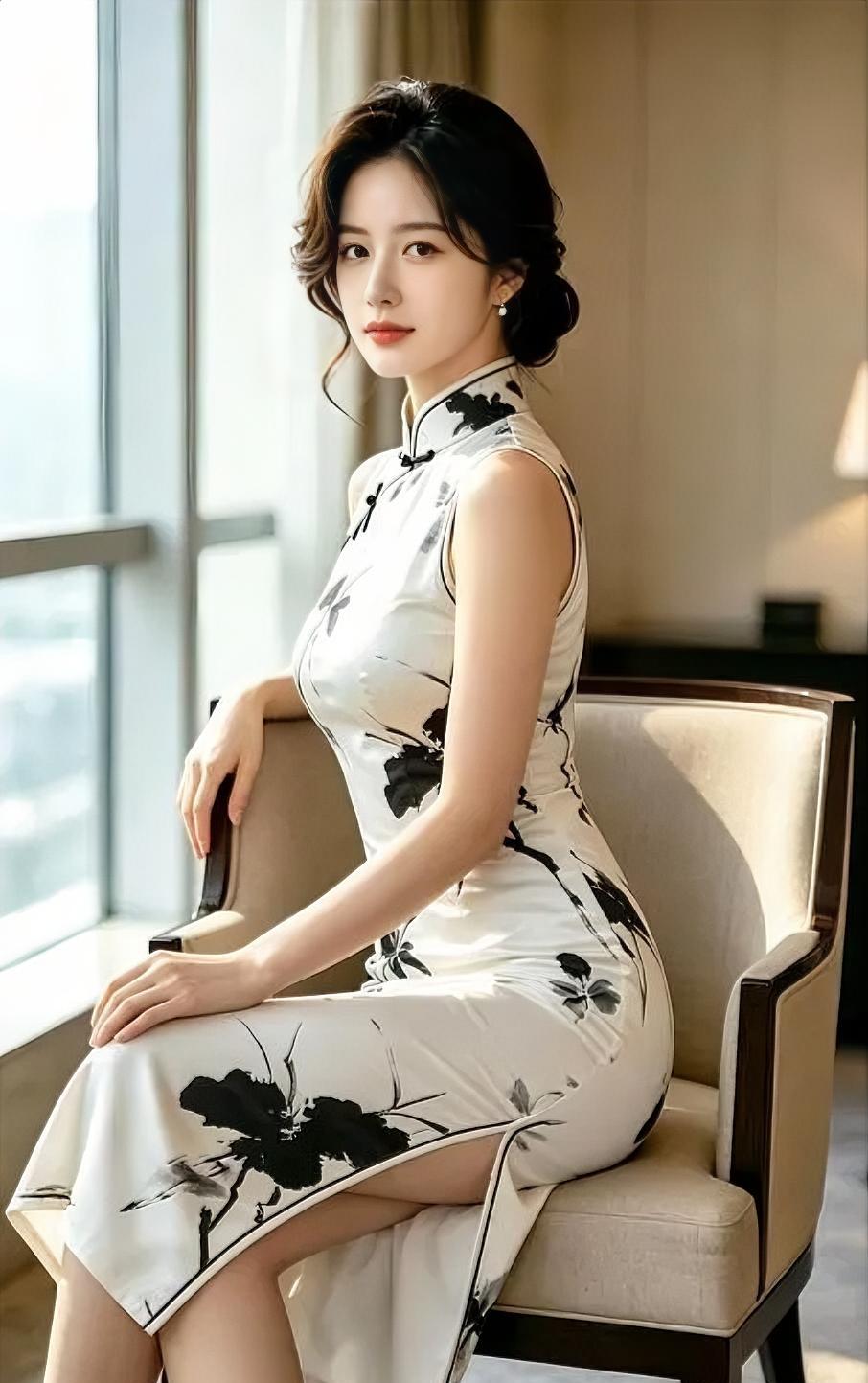 素衣染墨花，

闲坐午窗斜。

软椅承身侧，

光轻落鬓发。

开衩风微动，
