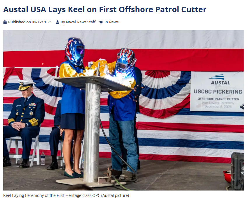 Austal USA承建的首艘传承级巡逻舰铺设龙骨祝Austal USA好运