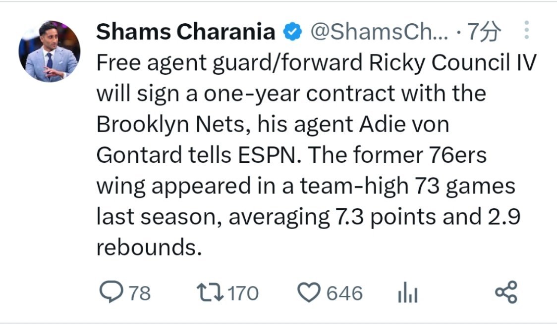 Shams:篮网一年合同签下里基-康塞尔算篮网的一次捡漏 ​​​