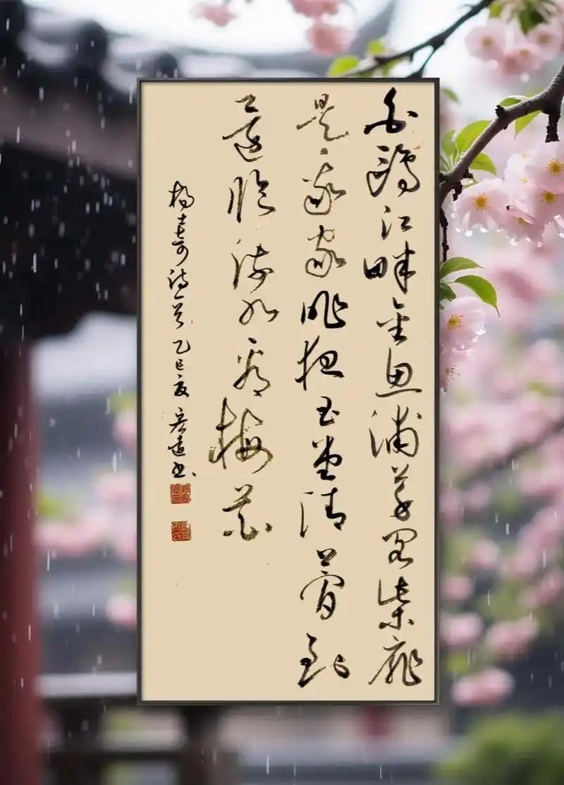 上联：旧卷梅花仍兑酒，
下联：新素柳色同煮月，
下联：古墨竹影共吟诗。