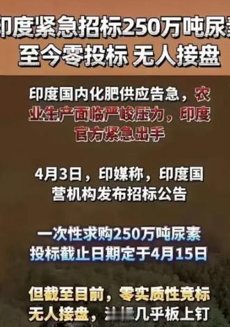 印度250万吨尿素全球招标，结果没有一个国家搭理，不是没有那么多的尿素，大概率是