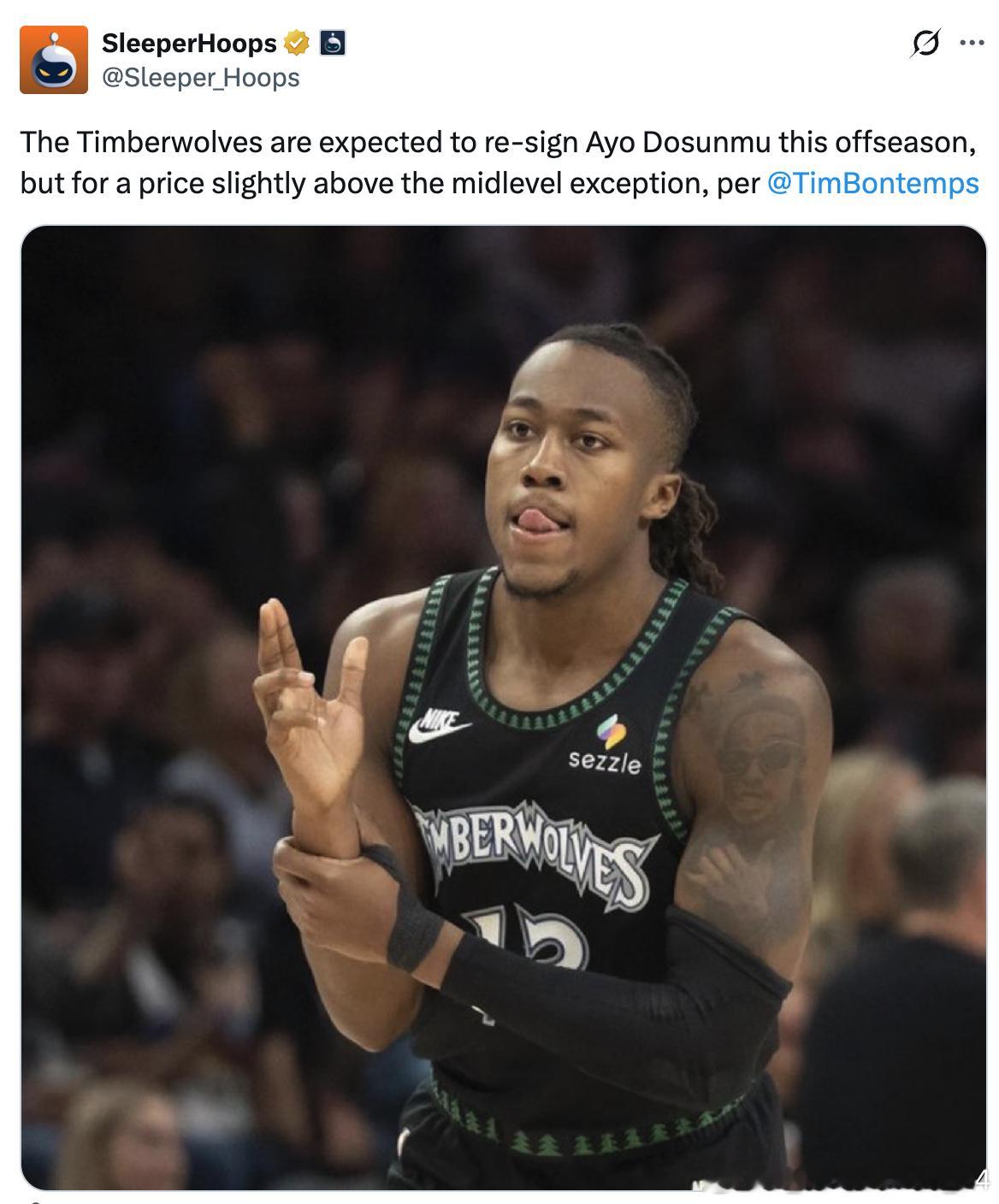 据Tim Bontemps报道，森林狼计划将在休赛期续约阿约·多森姆，但合同金额