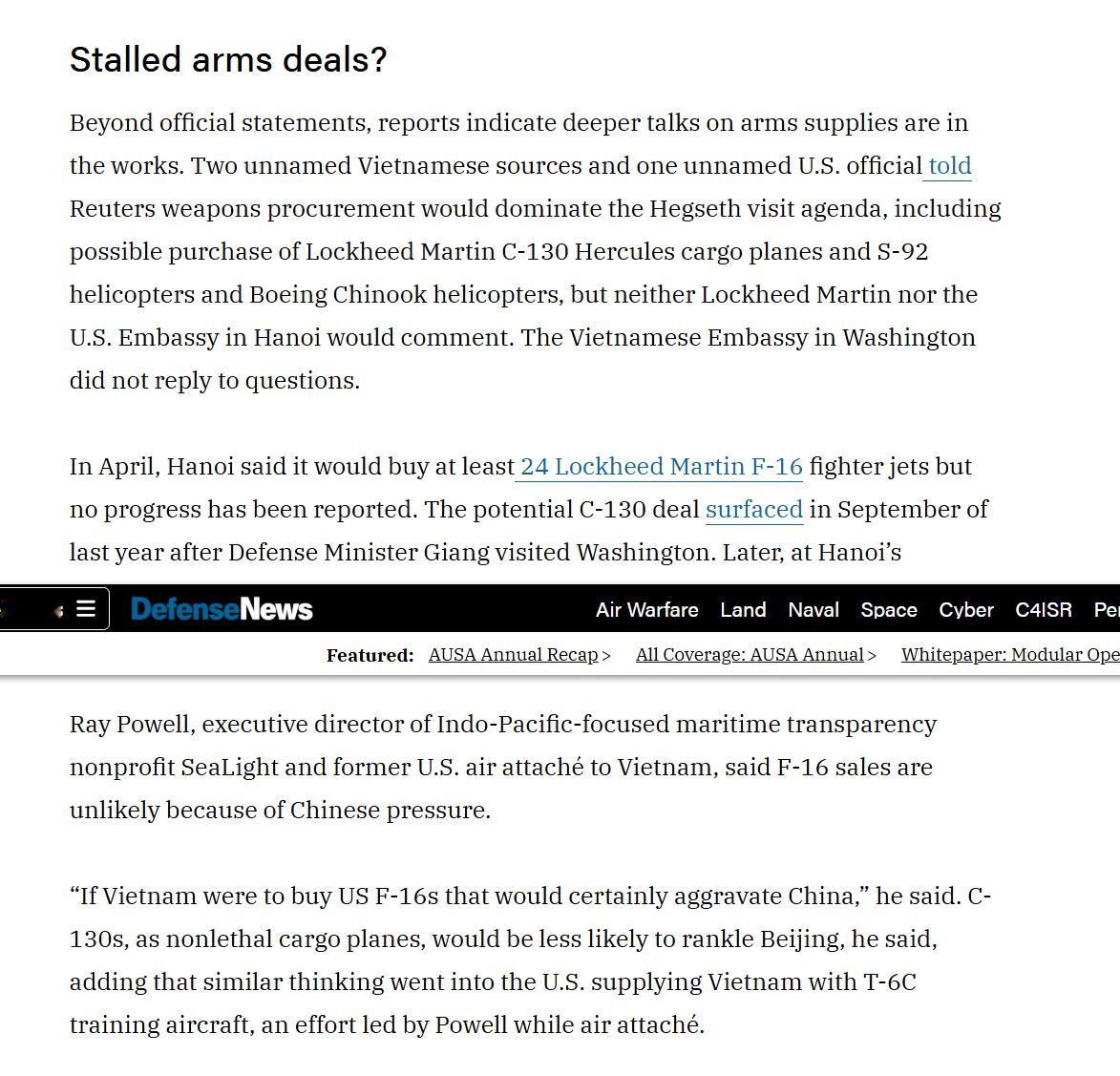 《防务新闻》：由于中国压力，越南购买F-16不太可能越南今年4月表示将至少购买2