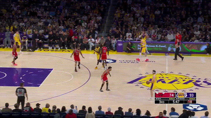 湖人老将詹姆斯真是老夫聊发少年狂！在今天进行的湖人和公牛的比赛中，当时比赛进行到