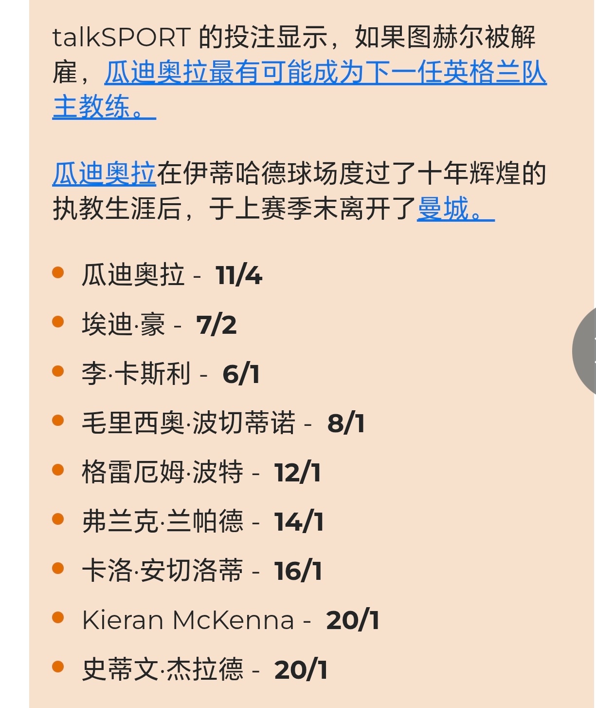 世界杯大v观赛团 英格兰下任主帅赔率。 