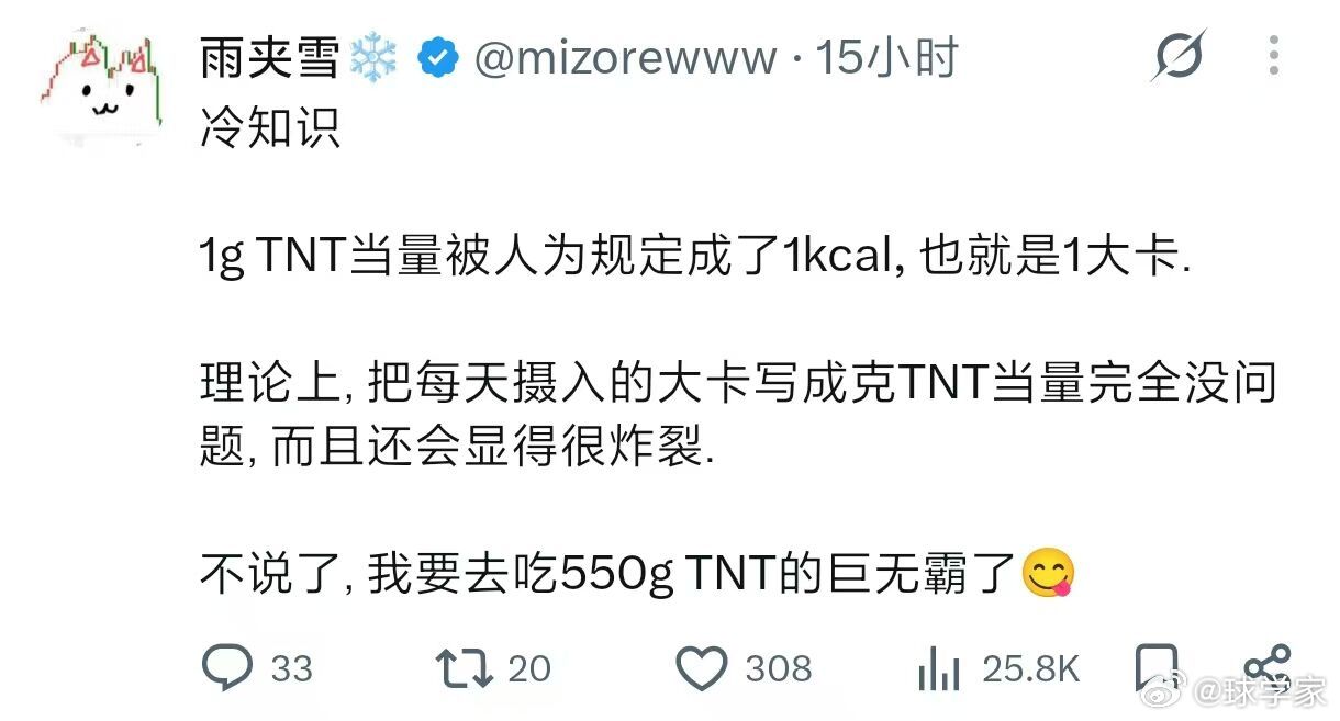 🔵热知识：1千卡（大卡）=1克TNT当量，是人为约定的能量换算标尺。一份550
