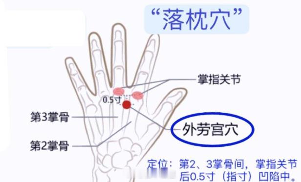 外劳宫，有舒筋活络的作用，平时颈椎痛，可以掐住外劳宫使劲压揉几分钟，落枕时候使劲