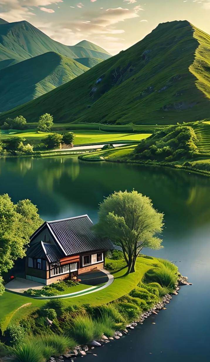 云雾缭绕青山间，碧水潺潺绕峰峦。山色朦胧如临仙境，清风拂面，心旷神怡，恍若置身一