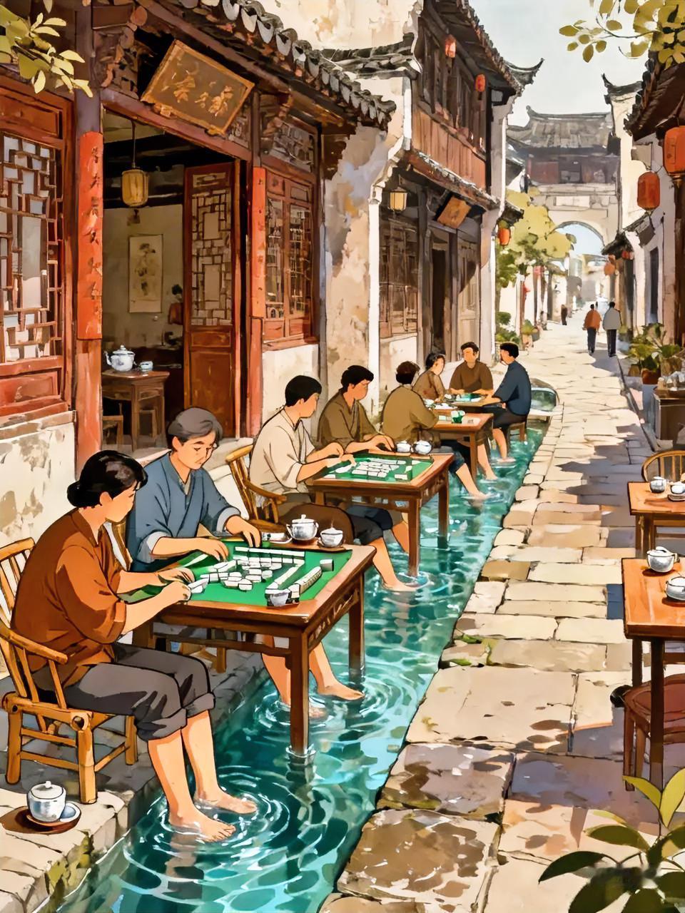 多年前在成都逛街时看到一排排桌子泡在水里，大家坐在櫈子上双腿泡在水里，热热闹闹打