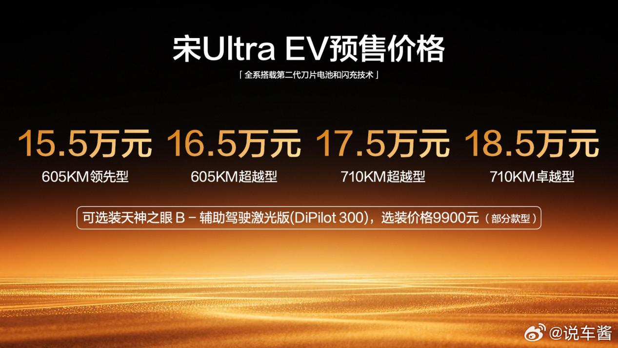 最低15.5万起， 宋Ultra EV这个价格可以说很有杀伤力了更别说第二代刀片