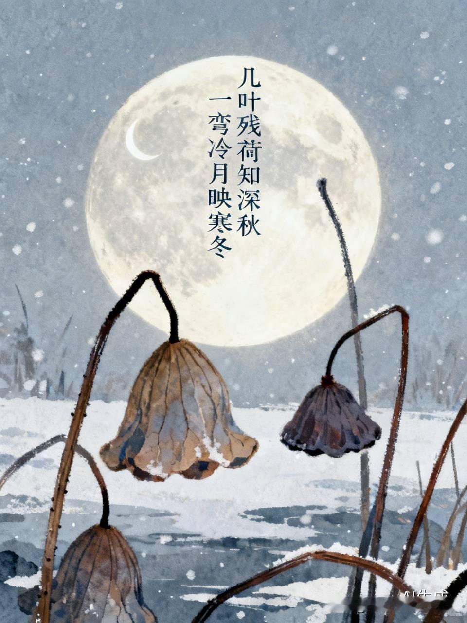 上联：几叶残荷知深秋，诚邀下联，，一弯冷月映寒冬！[烟花]