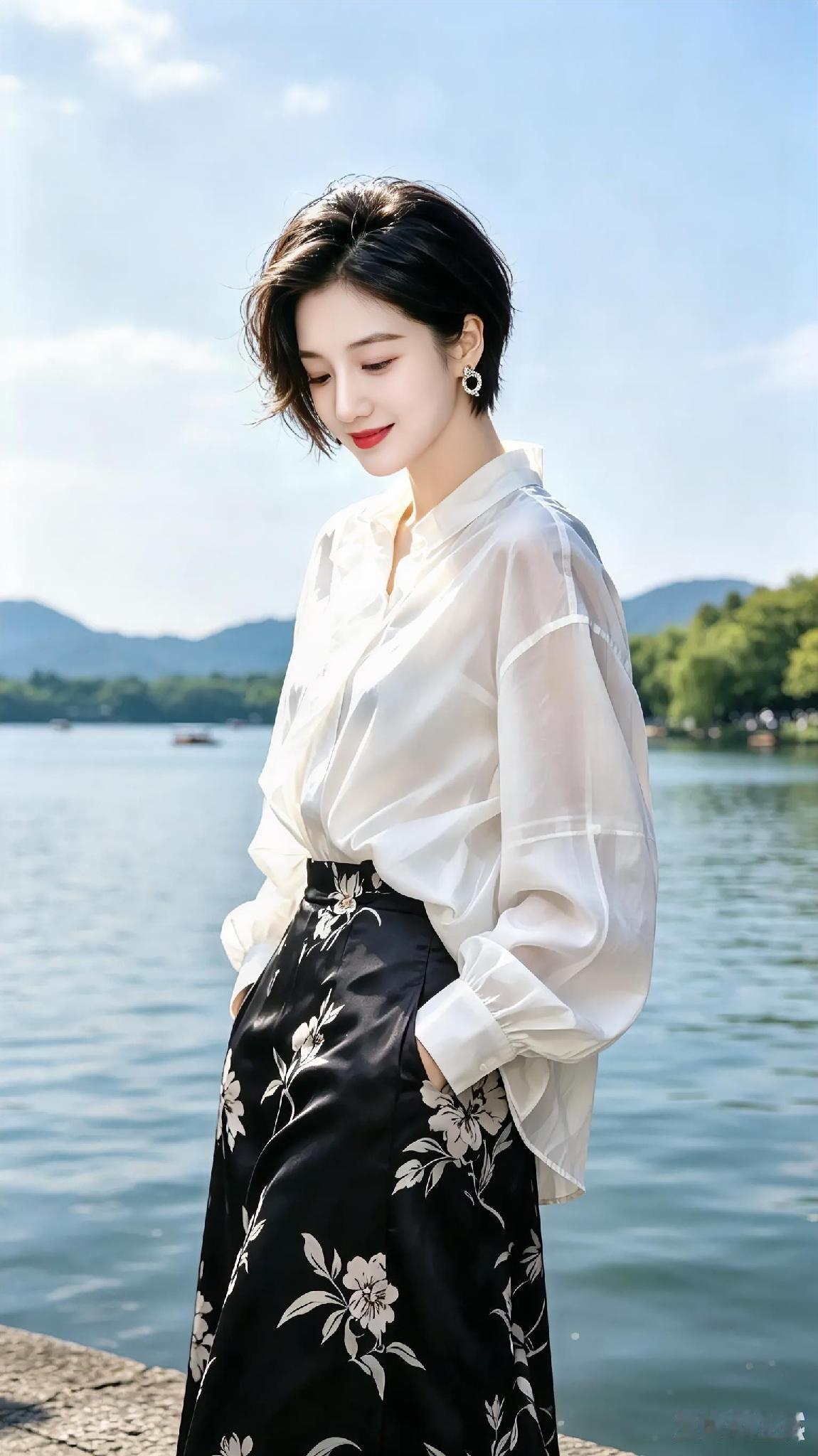 优雅白衬衫与黑花裙的完美搭配，湖畔的清新自然，尽显女性魅力。
黑裙白衬衫穿搭 