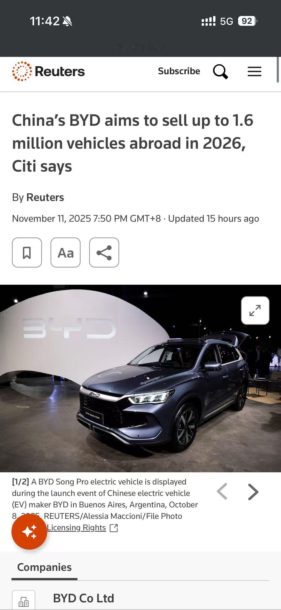 路透社：花旗银行爆料比亚迪明年目标海外销量160万辆，想当于今年出口量翻倍。（今