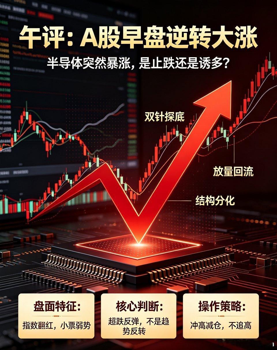 半导体尾盘急拉翻红午评：A股早盘探底逆转大涨，半导体暴力拉升，究竟是止跌还是诱多