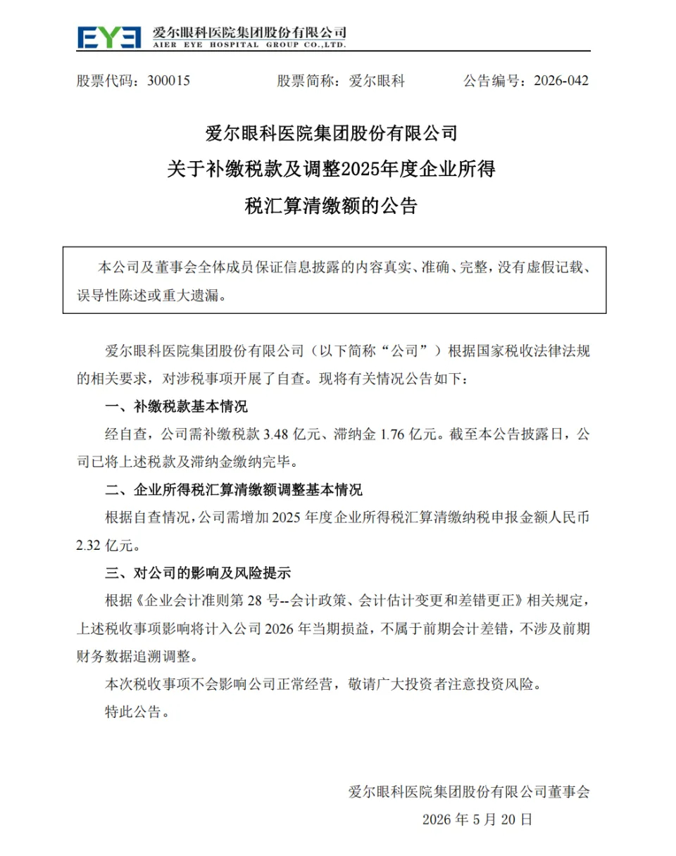 【爱尔眼科补税3.48亿元 】爱尔眼科爱尔眼科 sz300015[股票] 5月2