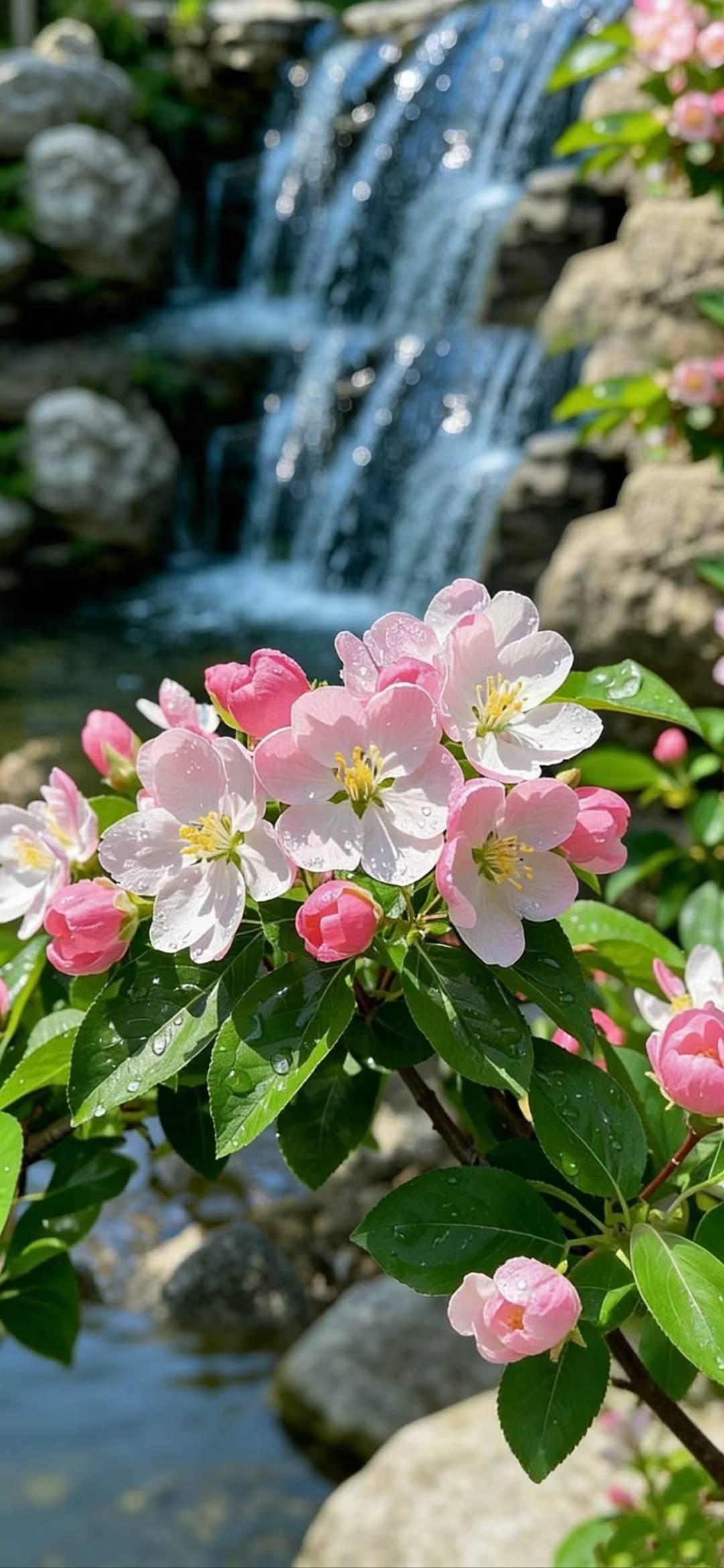 粉嫩花朵与潺潺流水，自然之美尽收眼底。🌸💦