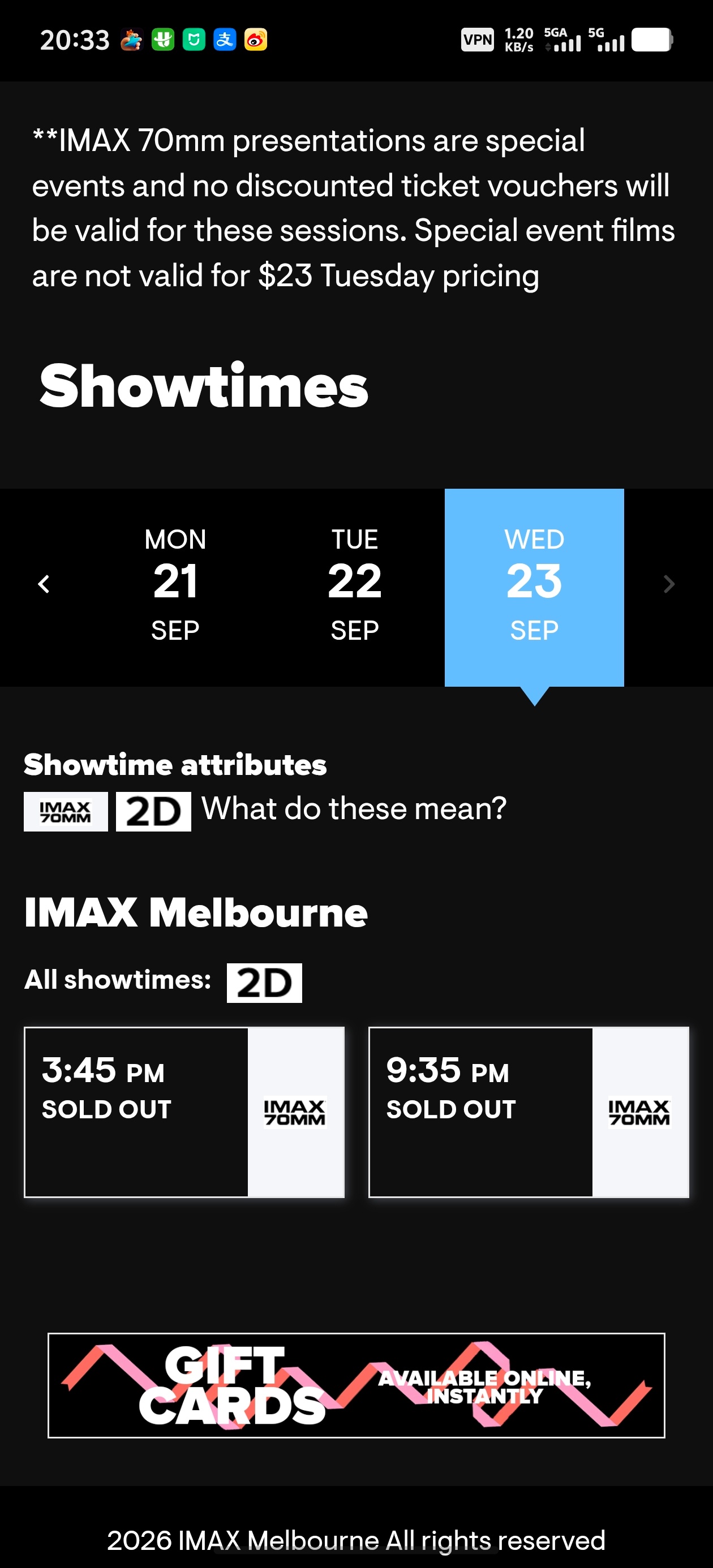 墨尔本那块 IMAX 1.43:1屏幕票全卖完了…9月23之前都卖完了。已经坐在