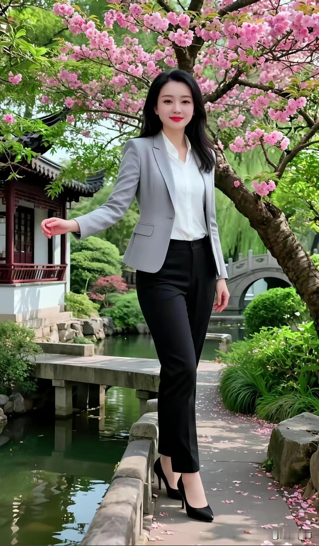 优雅职场风，漫步在樱花盛开的庭院中，感受春天的气息。