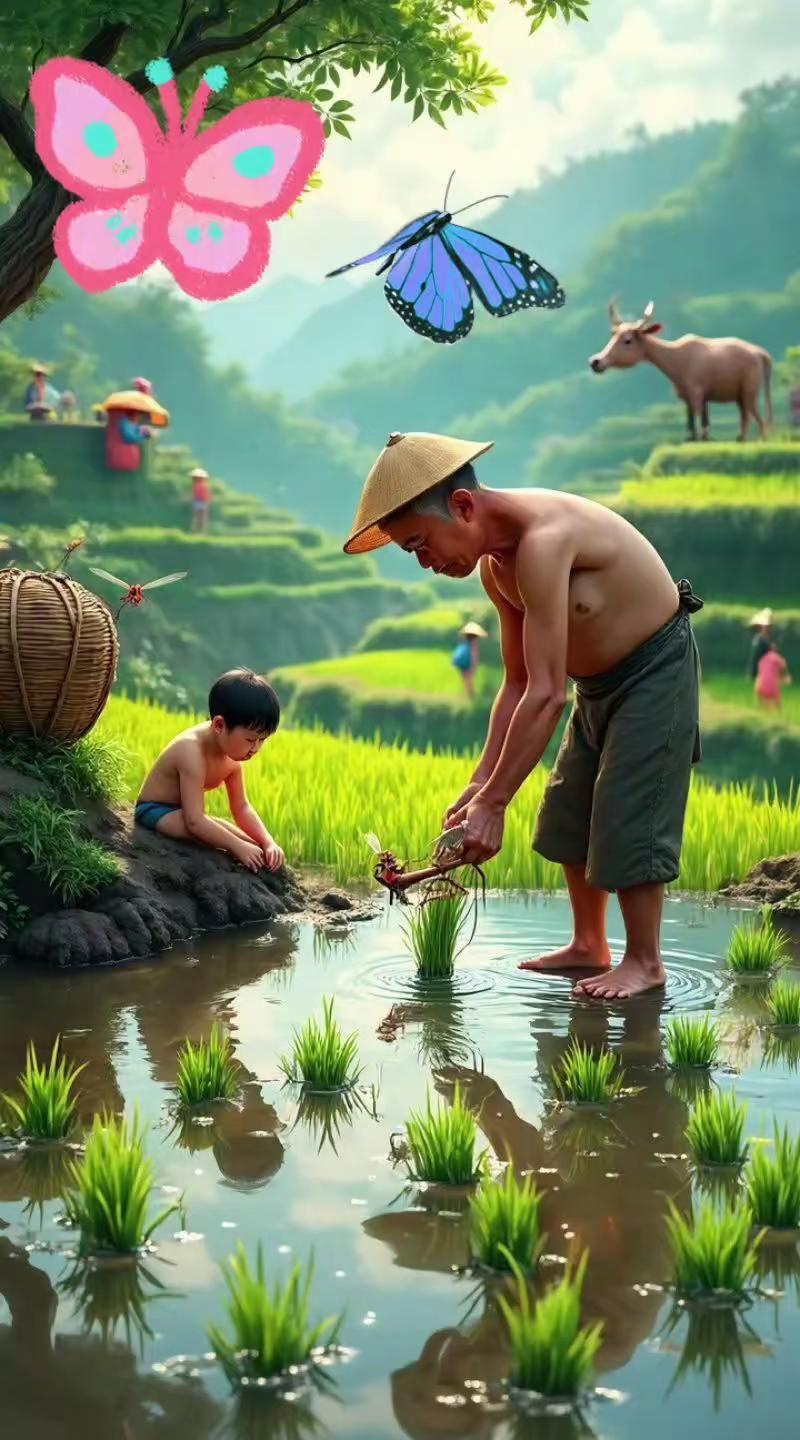 农村生活 插秧季节 插秧 山村美景 ai创作有趣视频