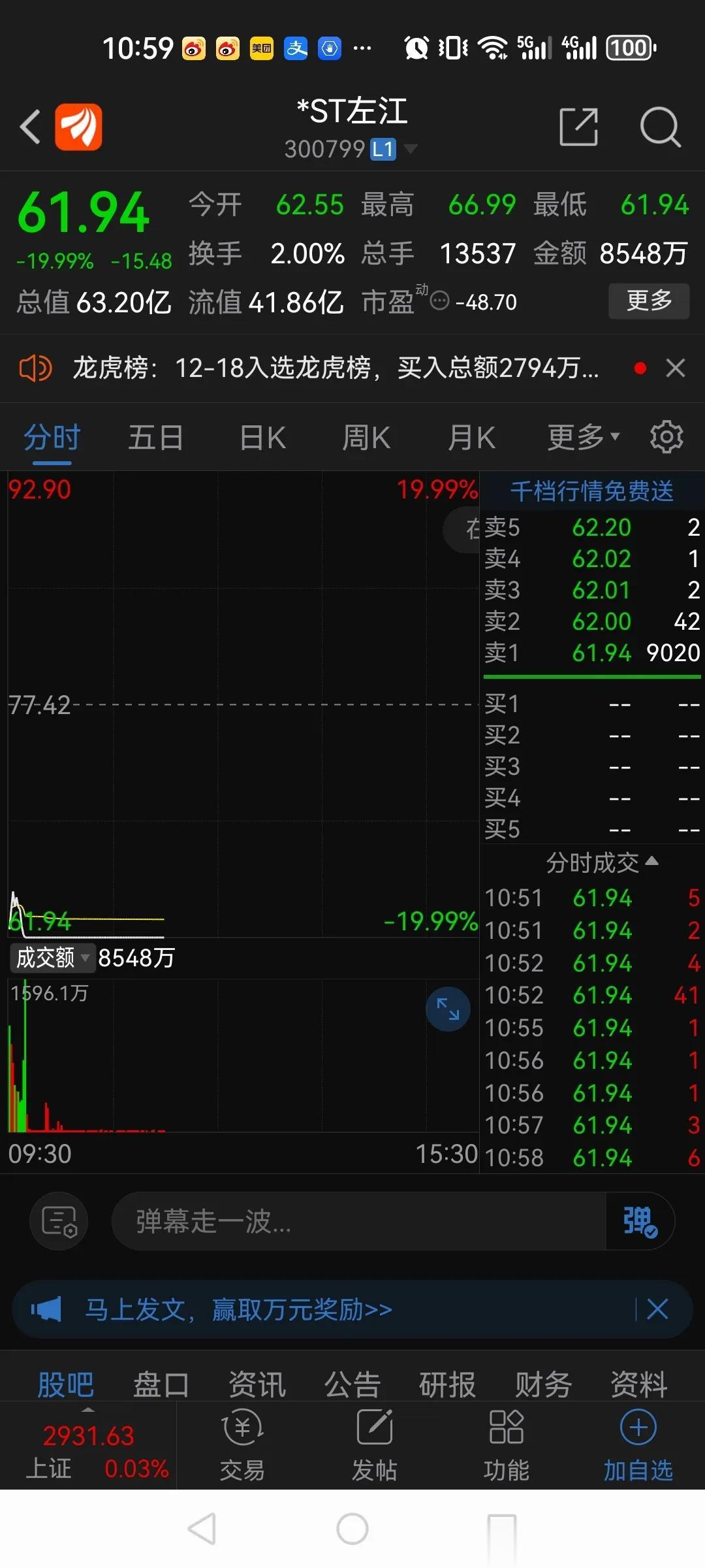 真狠！*ST左江已经连续5个20厘米跌停了！从300元跌到了61.94元，这不是