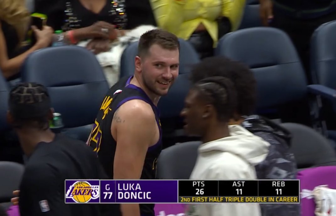 ▲东契奇生涯第二次上半场就砍下两双洛杉矶湖人