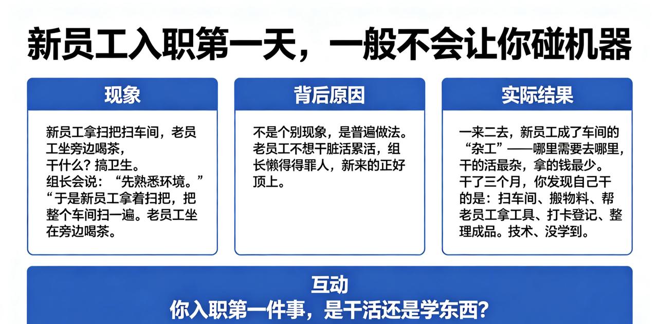 新员工入职第一天，一般不会让你碰机器。
干什么？搞卫生。
组长会说："先熟悉环境