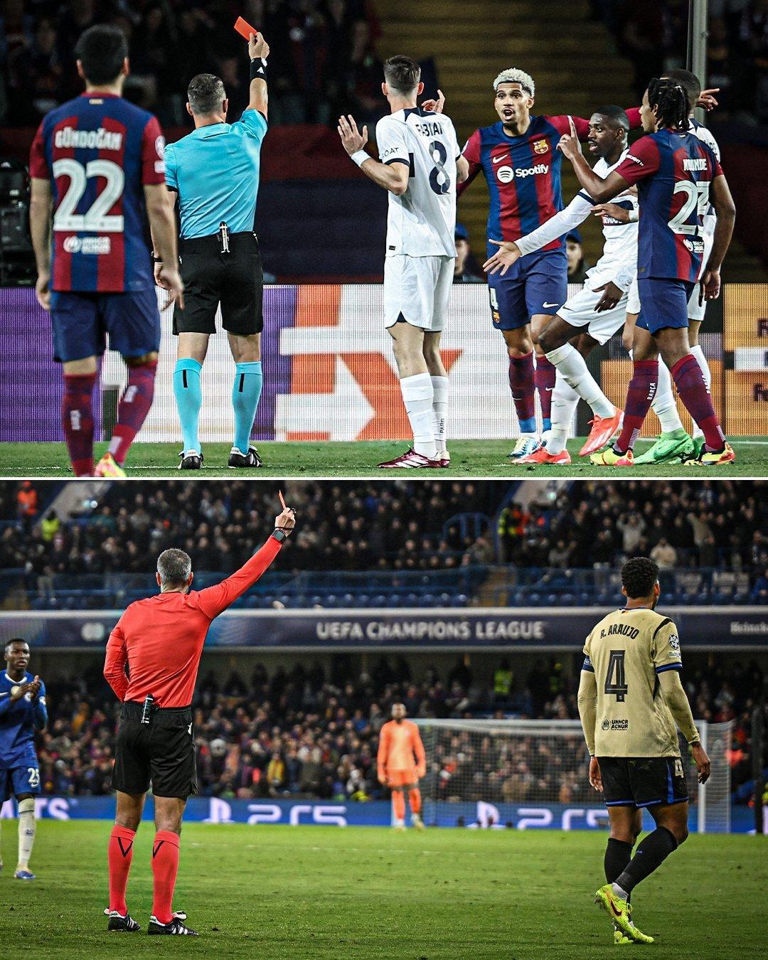欧冠的比赛中，巴萨的中后卫总是吃到红牌……阿劳霍，库巴西，埃里克·加西亚。上一次