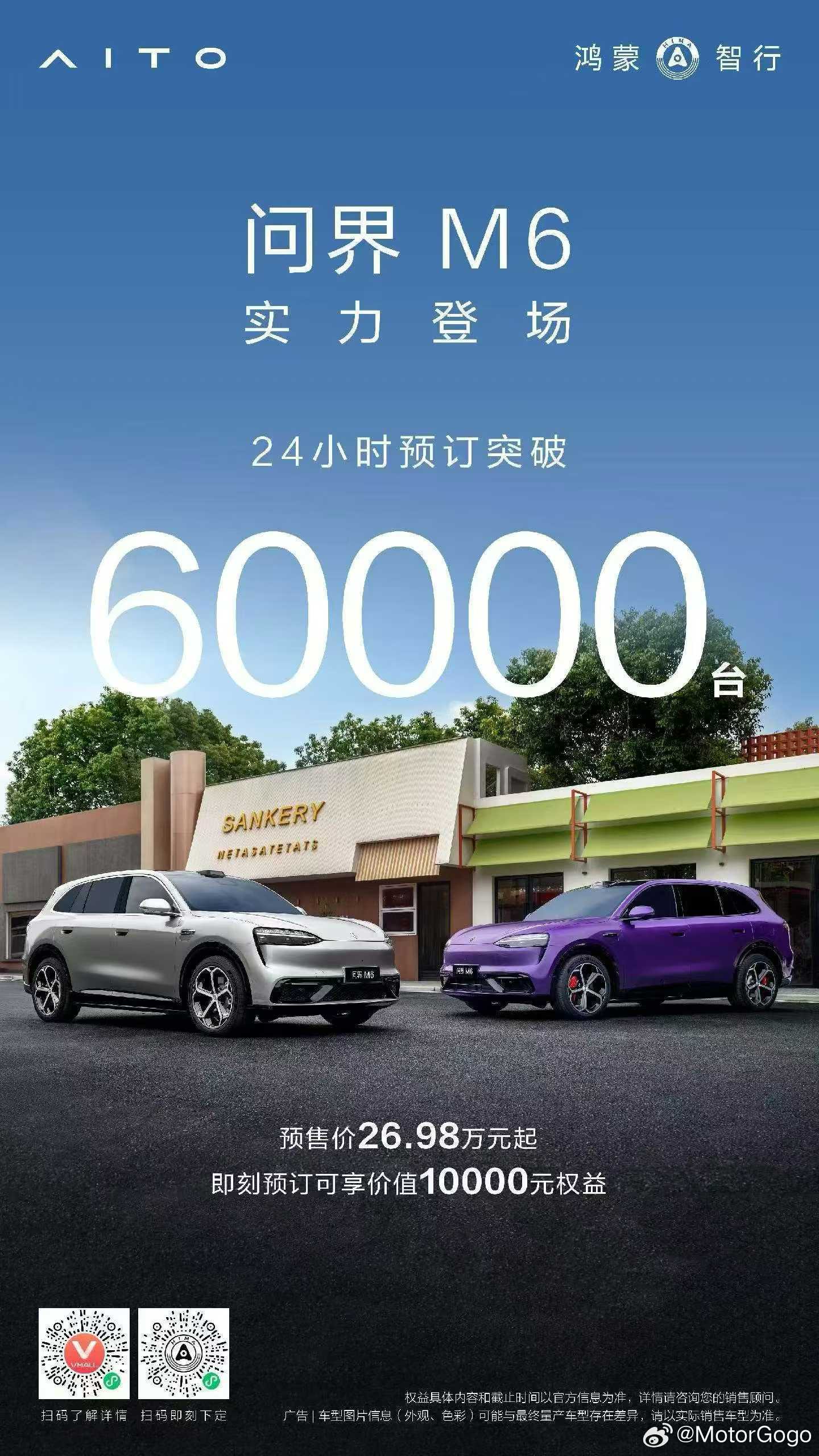 一个发布会，小订85000台，这个角度来看，这可真的太猛了。问界M6预售24小时