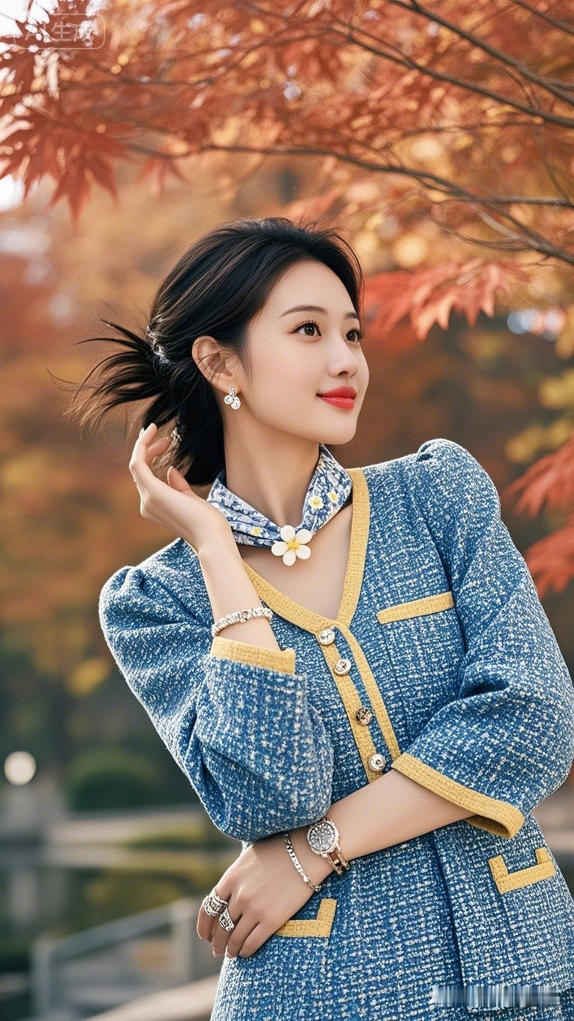 优雅女性头发随意挽起，碎发随风飘扬。妆容精致，眼神温和明亮，浅笑怡人。身穿三色宽