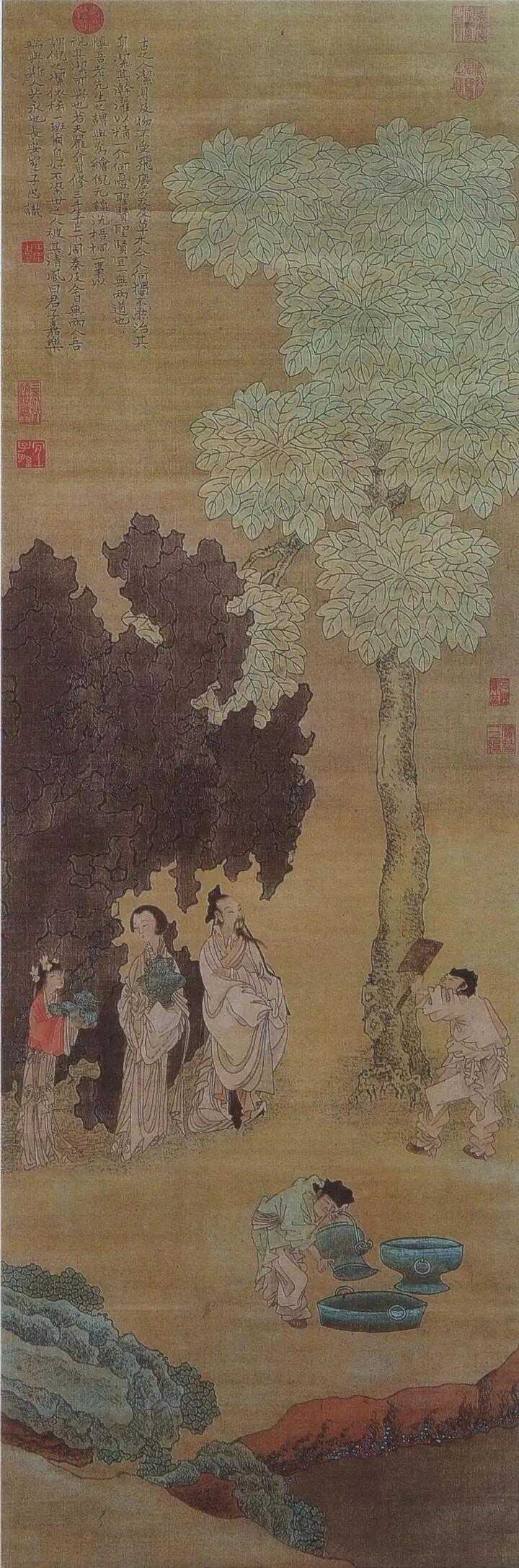 崔子忠《云林洗桐图》，描绘的是元代画家倪云林洗梧桐的故事。此画用线高古，线条细匀