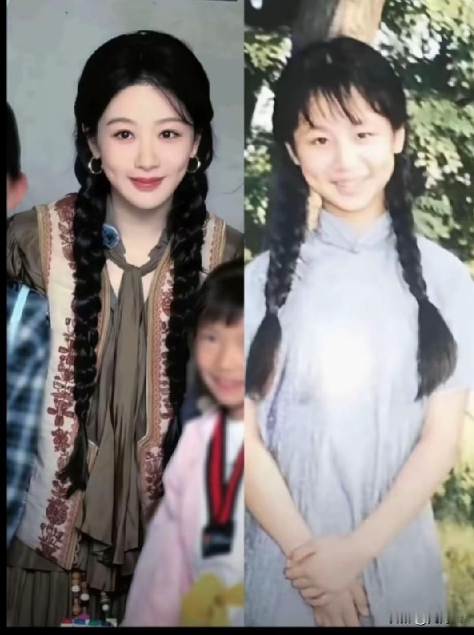 同是扎着麻花辫，少女时期的杨紫和现在的杨紫对比，变了吗？法令纹依旧，酒窝依旧，眉