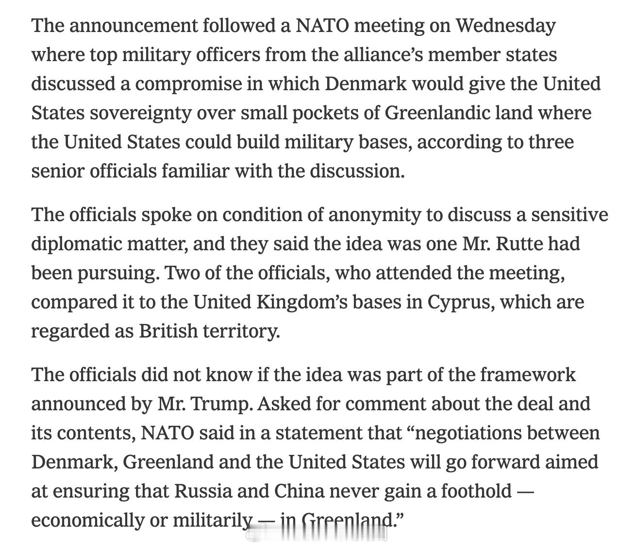 <纽约时报>：周三的一场北约会议之后，来自成员国的高级军事官员讨论了一种折中方案