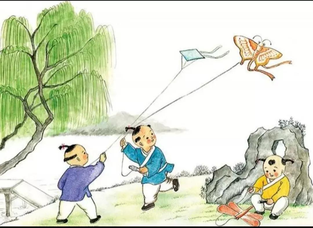 鹅黄柳，
碧云天；
天上飞纸鸢。
魂系三千里，
楼亭隔万山。
火飞纸蝴蝶，
行至