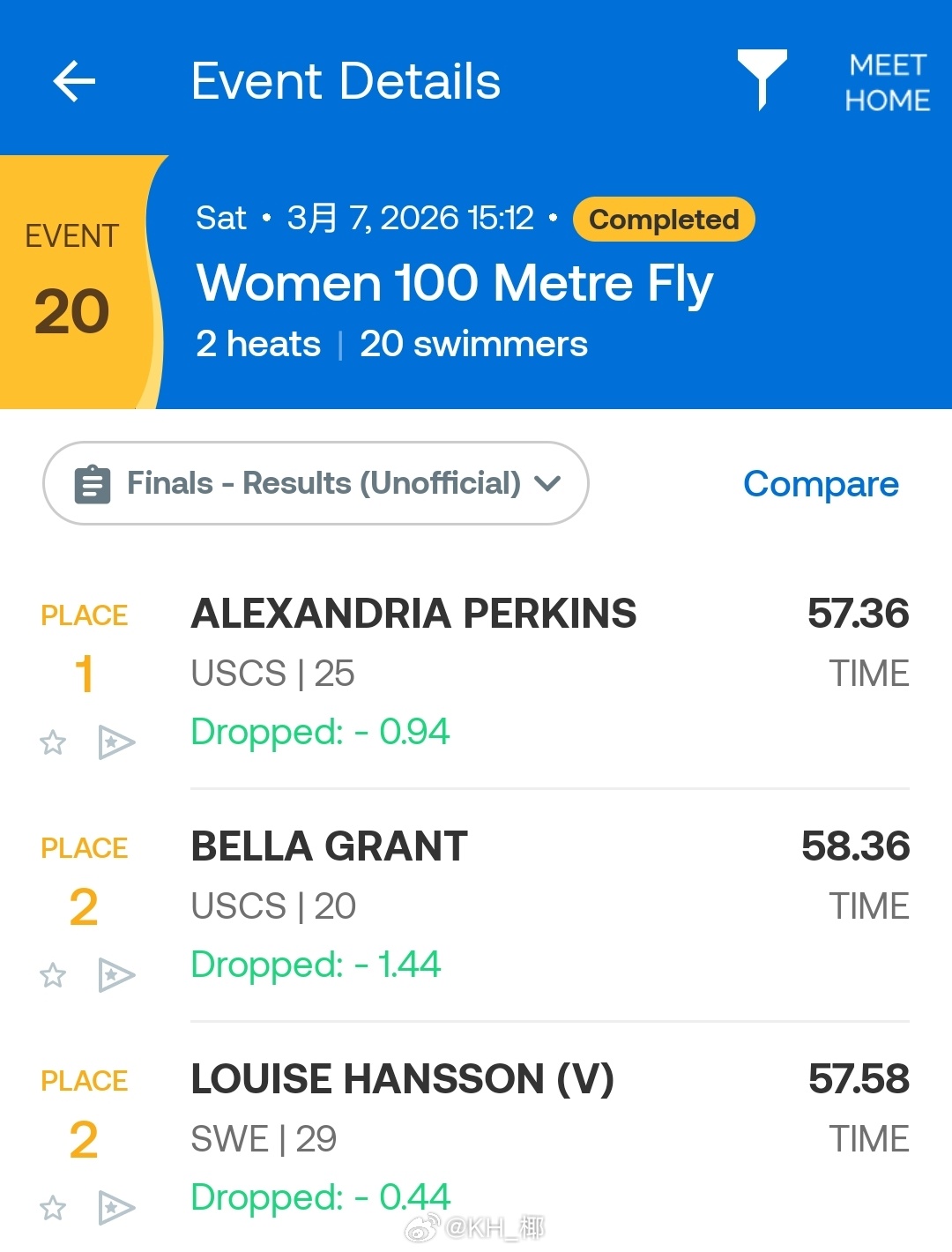 美国游泳系列赛维斯蒙特站 女100蝶决赛Alex Perkins 57.36Lo